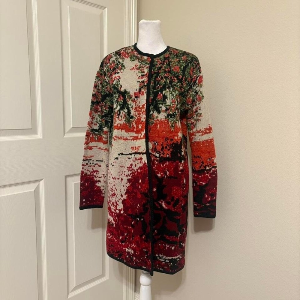 J Jill small jaquard knit cherry blossom landscape duster cardigan cotton blend